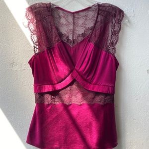 Moda International Silk & Lace Shirt, Size XS, Burgundy color